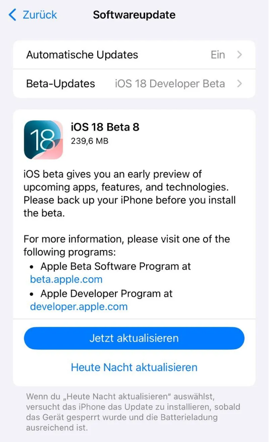 霍州苹果手机维修分享苹果 iOS / iPadOS 18 开发者预览版 Beta 8 发布 